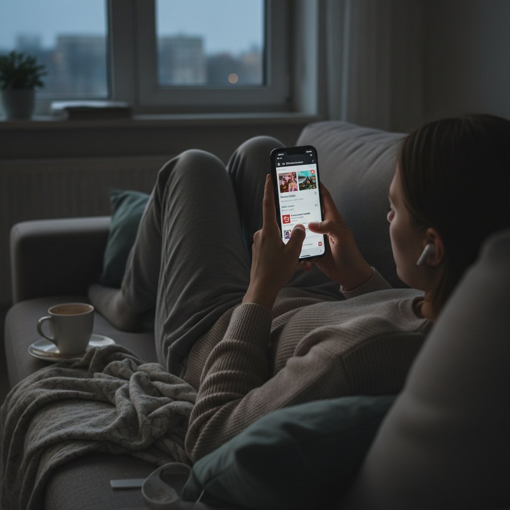 Osoba bez końca przeglądająca media społecznościowe na smartfonie, ilustrująca cyfrową pobłażliwość