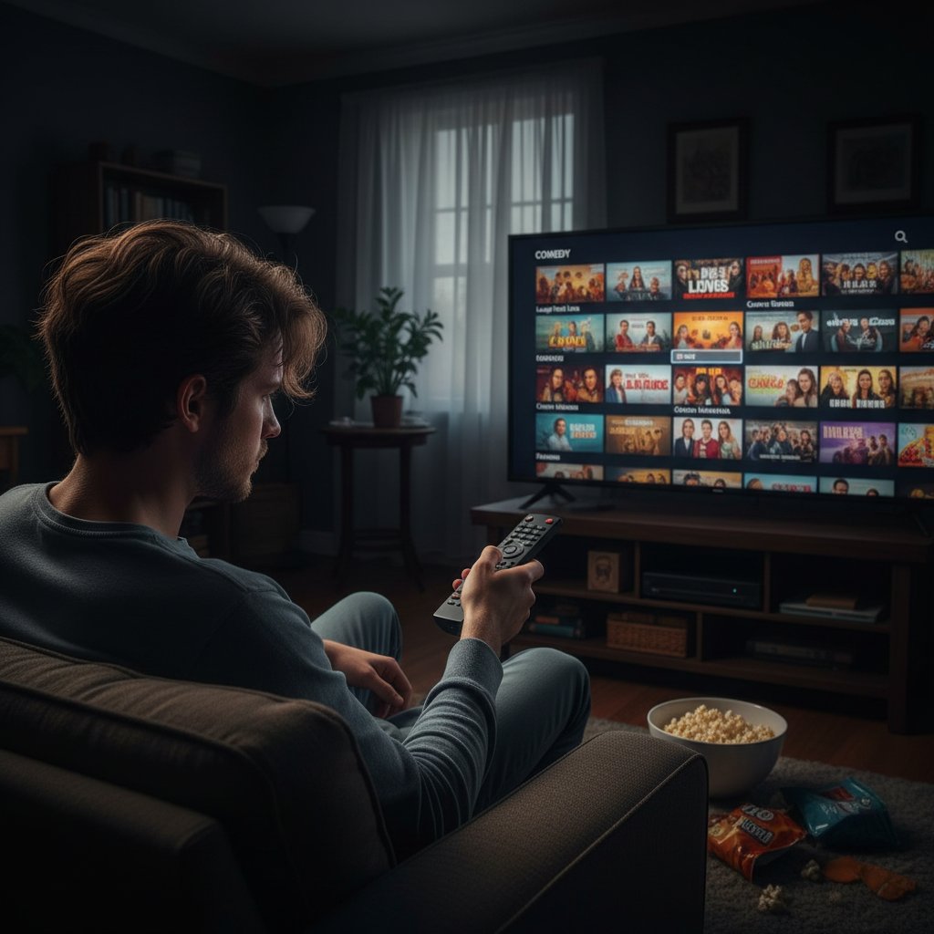 Person scrolling through streaming platforms on a TV, searching for untrimmed comedy movies, frustrated expression