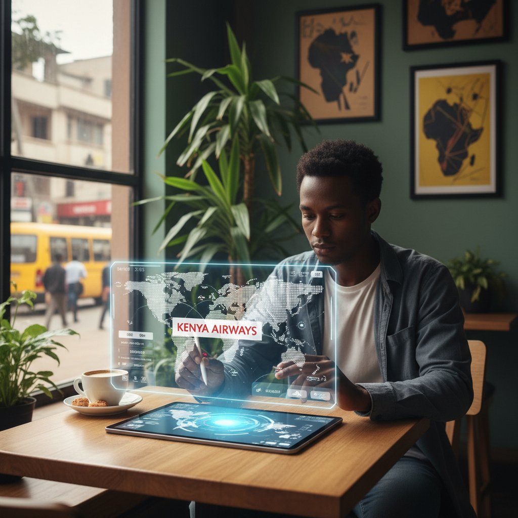 Person searching flights on AI platform in Nairobi café, smart device, Kenya Airways flights visible, modern café with local flair