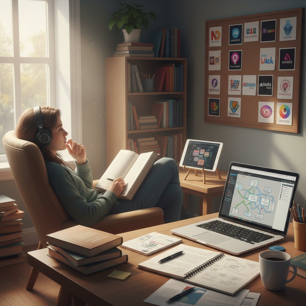 Osoba szukająca inspiracji w książkach i podcastach, z laptopem i notatnikiem na stole
