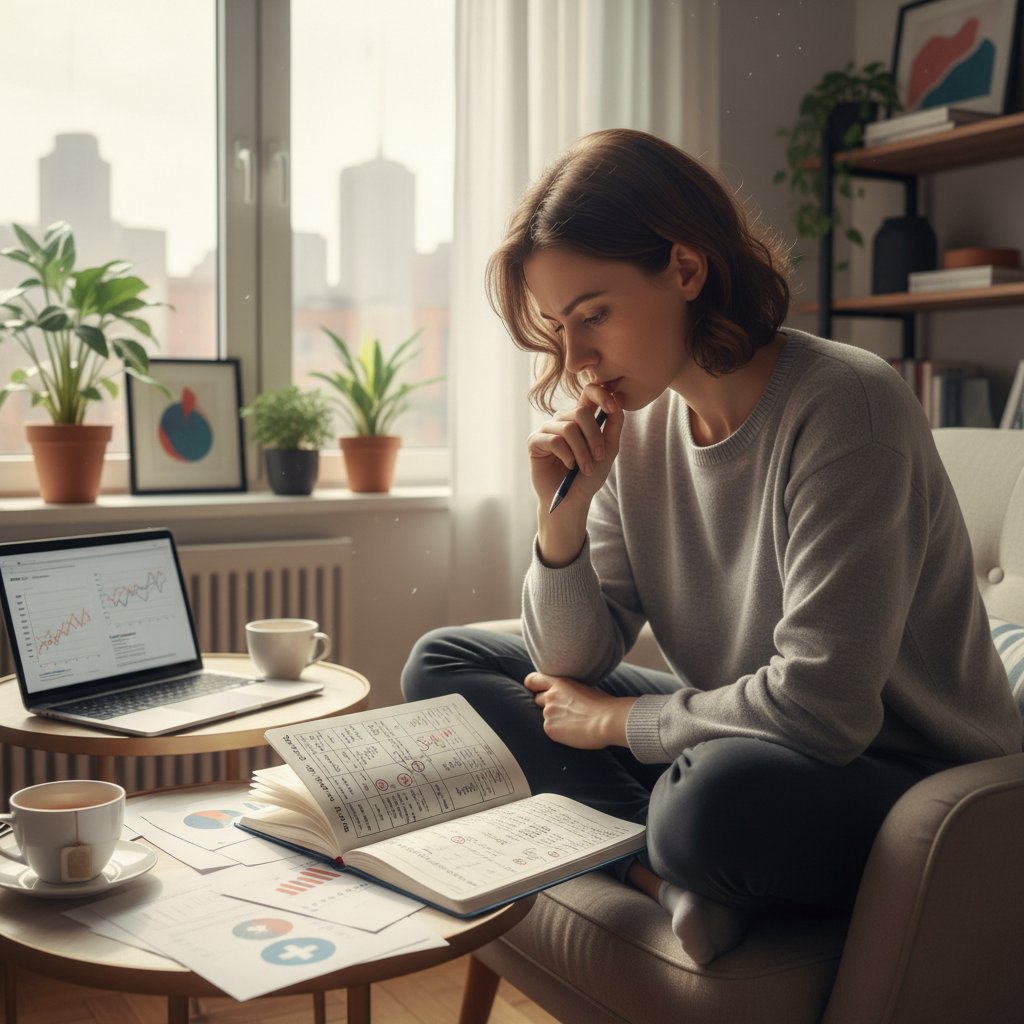 Młoda osoba analizująca własne objawy, notatki, samopoczucie, w tle mieszkanie