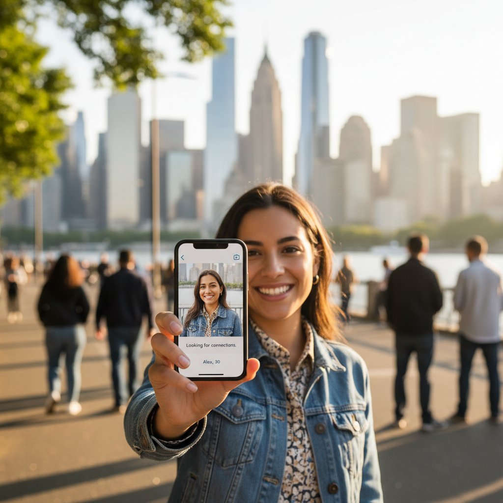 Osoba biorąca selfie na tle miasta – obraz cyfrowej tożsamości i znaczenia zdjęcia w randkach online
