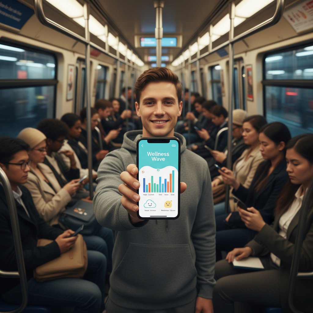 Osoba wykonująca selfie z aplikacją wellness na ekranie w zatłoczonym metrze – kontrast technologii i realnej samotności