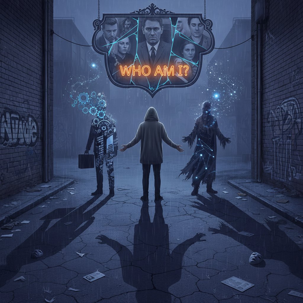 Osoba ukryta w cieniu na tle miejskiej scenerii, obrazująca dylemat tożsamości