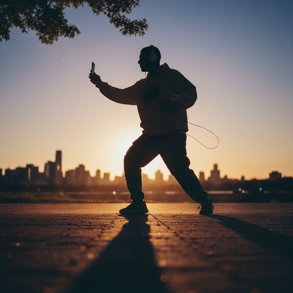Osoba ćwicząca shadowing z telefonem i słuchawkami, dynamiczna poza