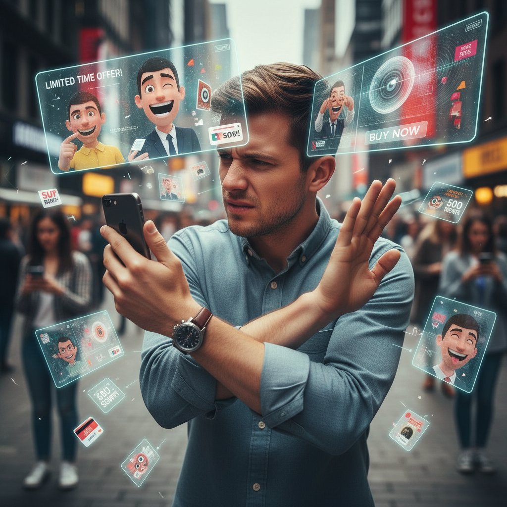 Person shielding phone from intrusive personalized marketing messages, symbolizing privacy concerns