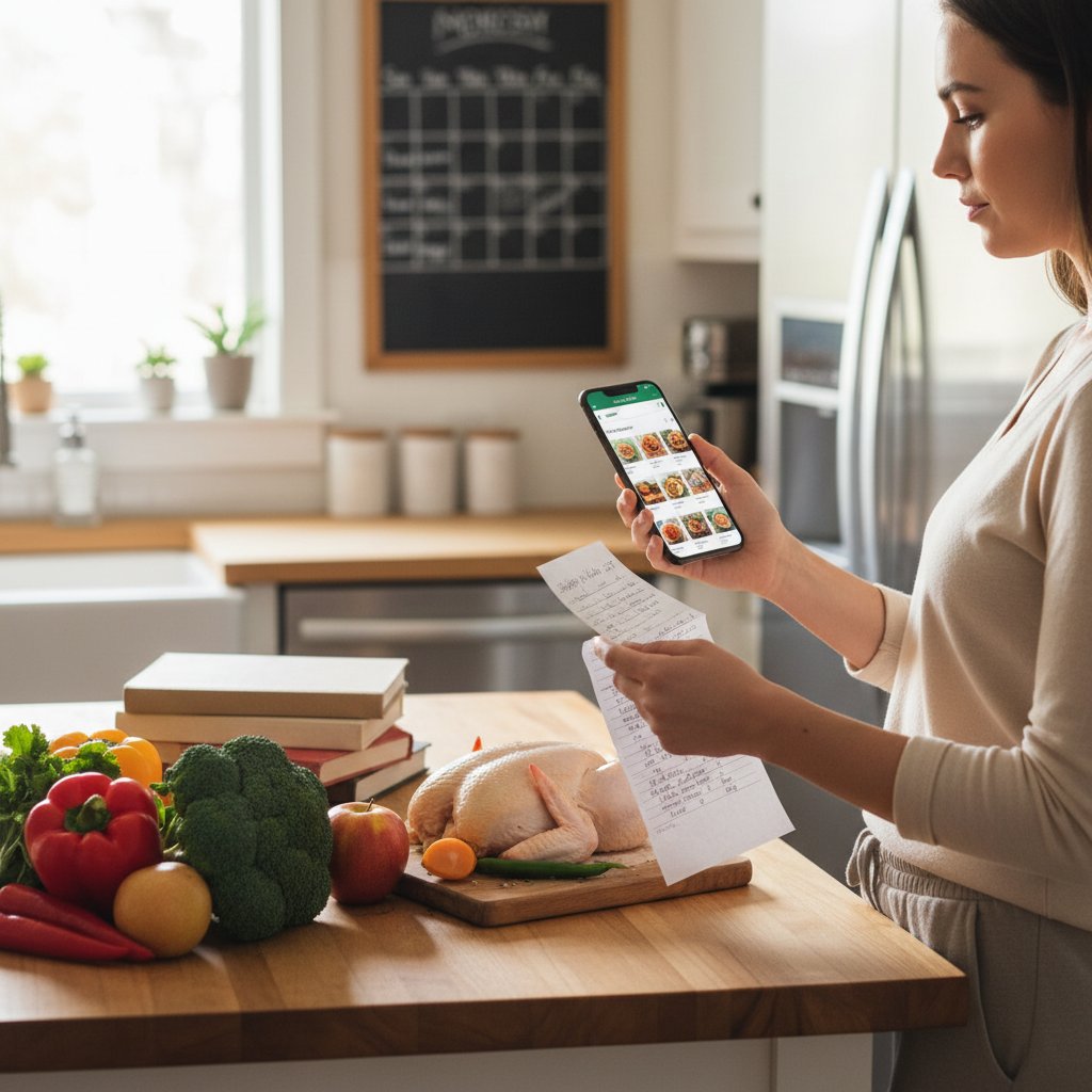 Osoba sporządzająca listę zakupów według planu posiłków, smartfon i papierowa kartka