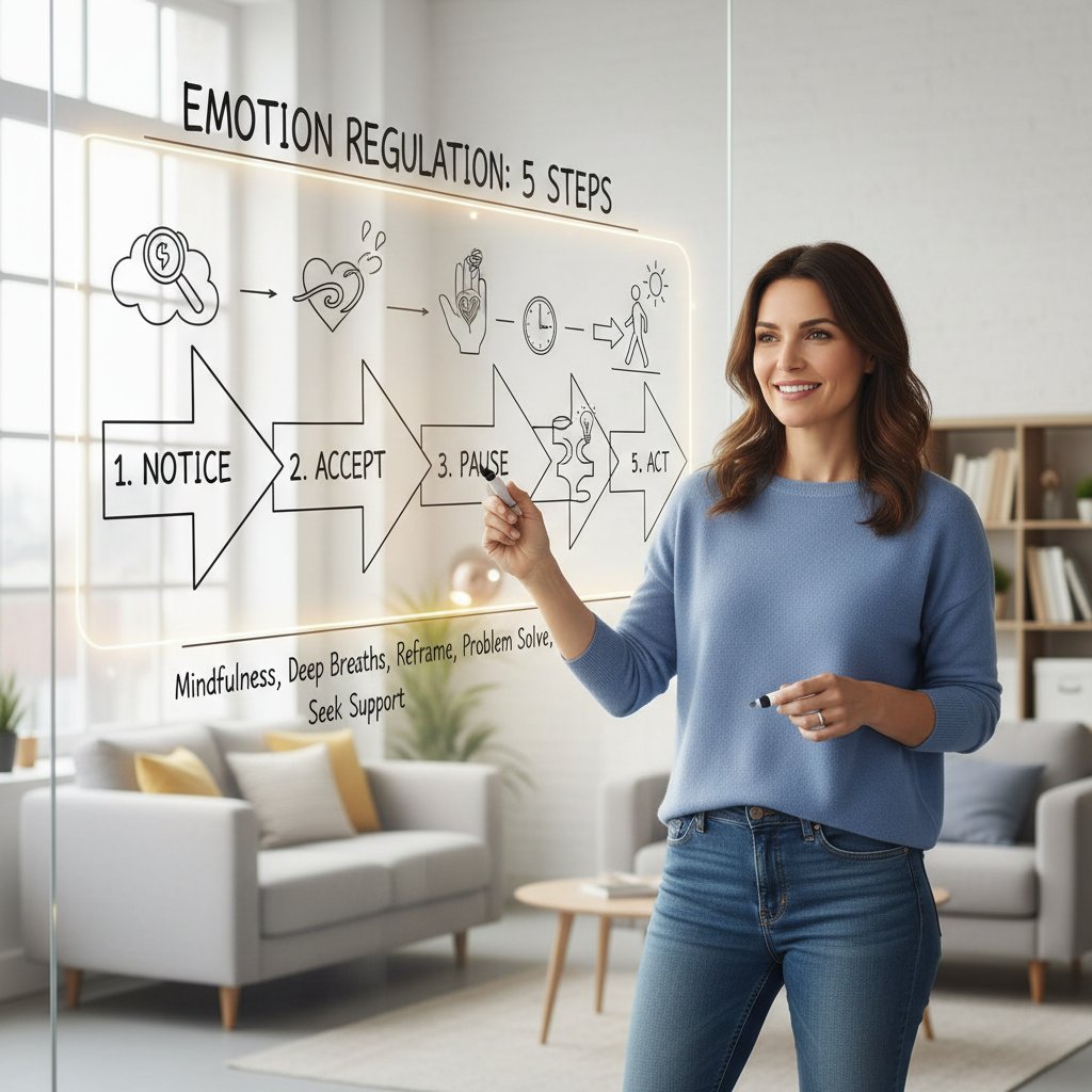 Osoba pokazująca gestami kolejne kroki modelu Grossa – schemat w formie portretu