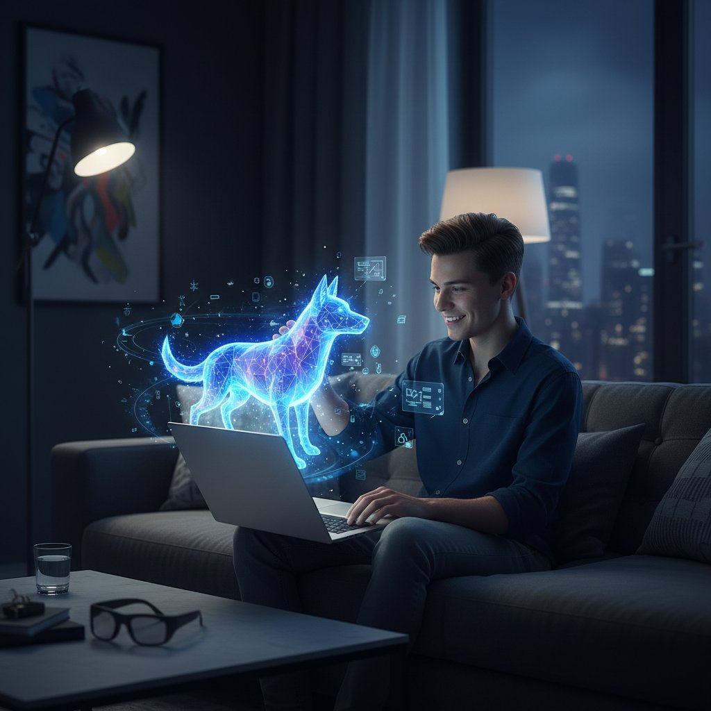 Osoba siedząca w ciemnym pokoju z laptopem, ekran pokazuje realistycznego psa AI, słowa kluczowe: piesek AI, interakcja, nowoczesna technologia