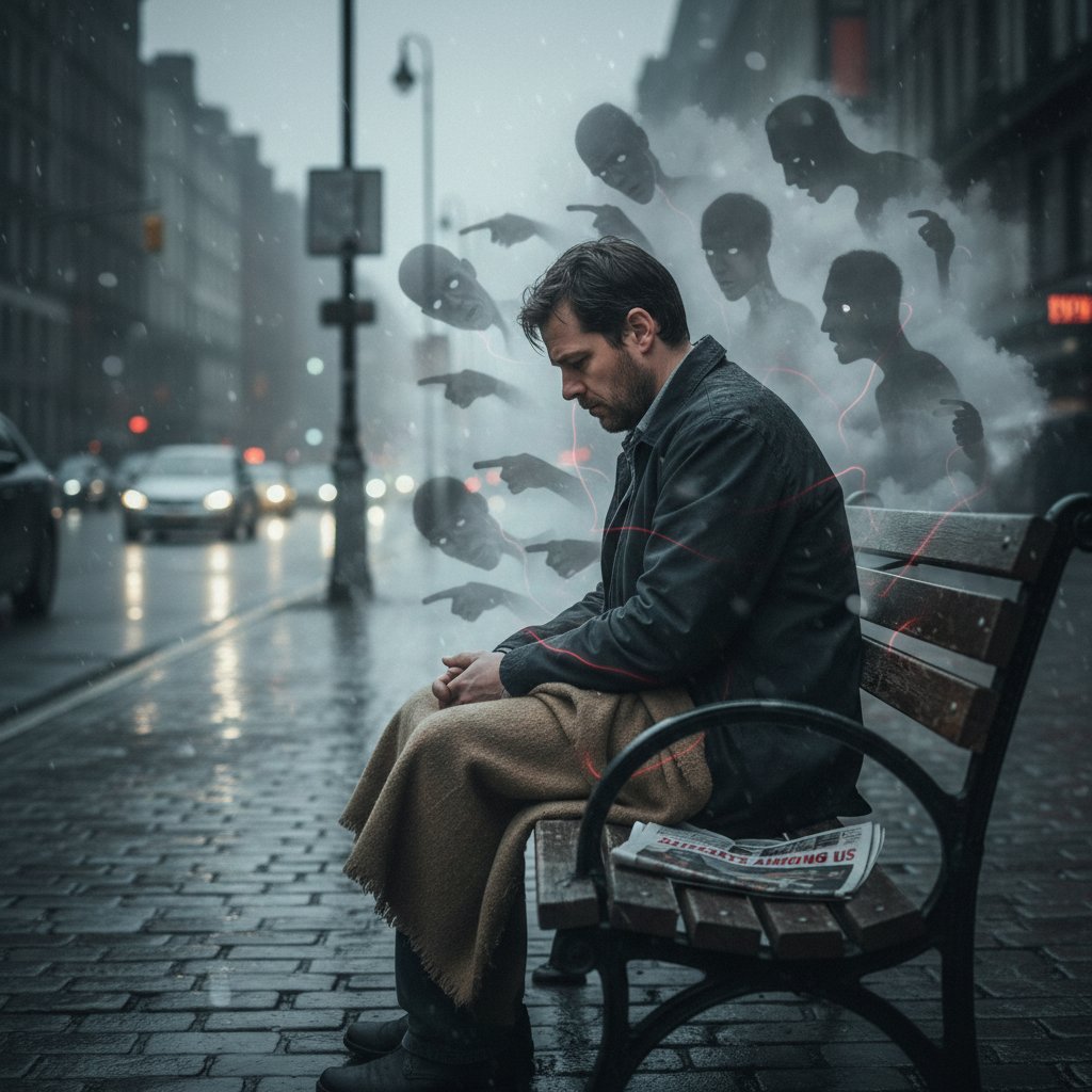 Zdjęcie osoby siedzącej samotnie na ławce, pogrążonej w myślach – ilustracja tabu wokół zatrzymania moczu