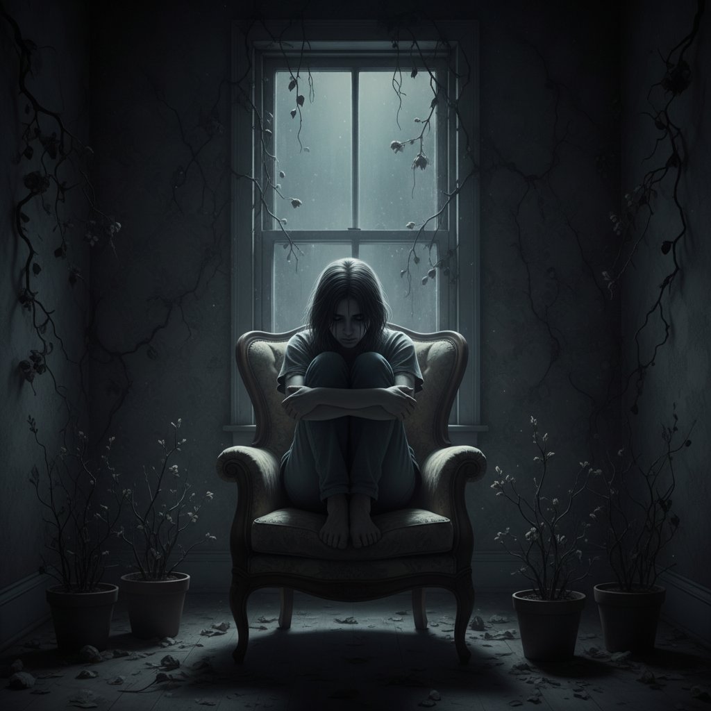 Osoba siedząca samotnie w ciemnym pokoju, symbolizuje brak wzrostu po traumie