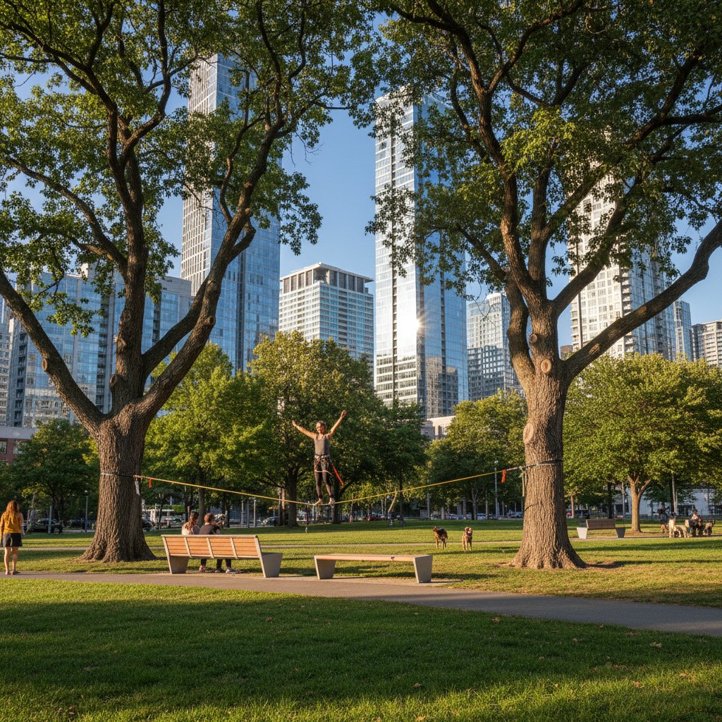 Osoba trenująca slackline w parku miejskim, alternatywne sporty w weekend