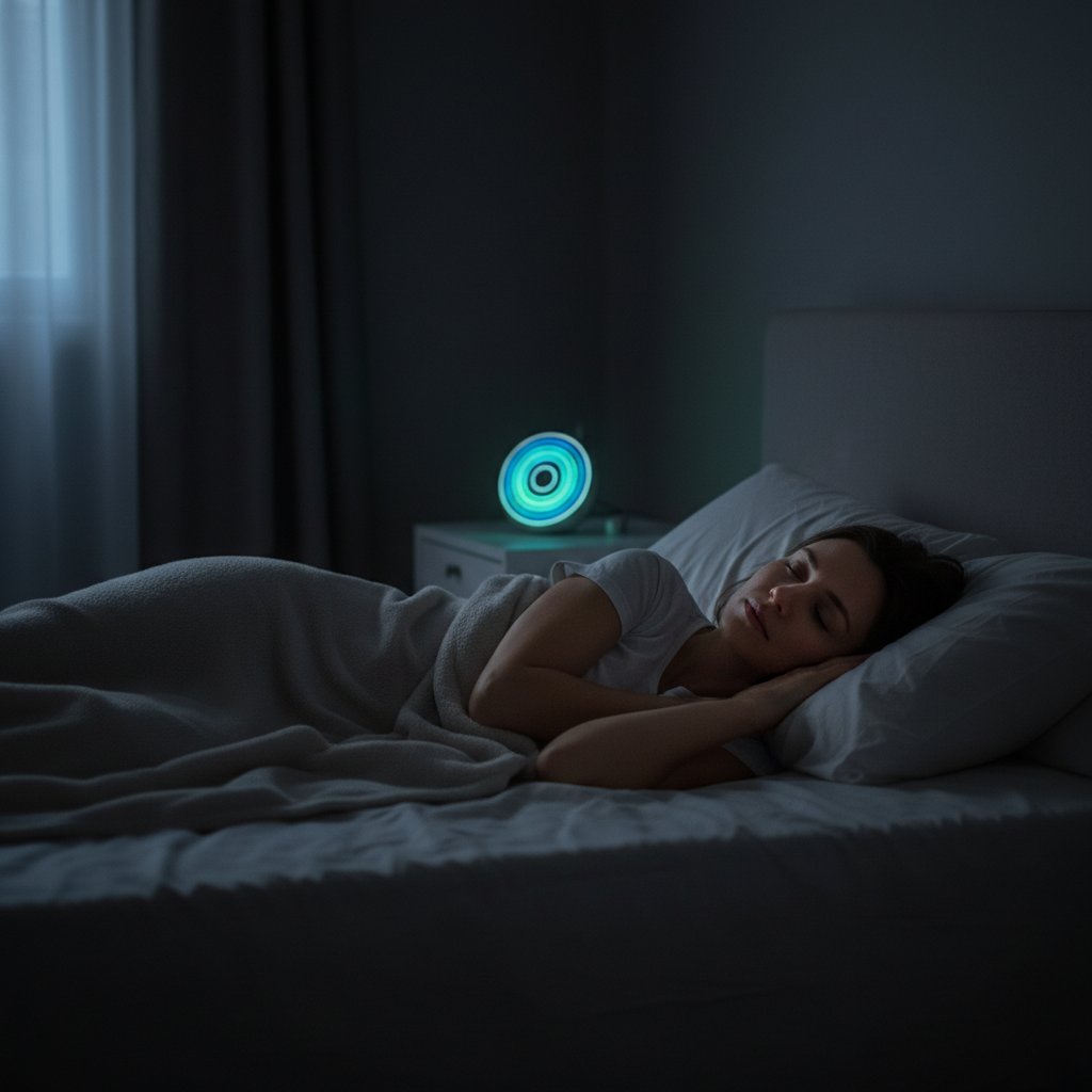 Osoba śpiąca spokojnie w ciemnym pokoju, relaksacyjny trening a sen