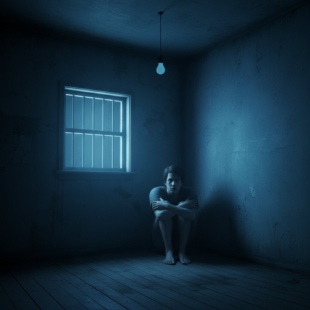 Osoba z wyraźnym niepokojem twarzy, zamknięta w niewielkim pokoju, światło niebieskawe, motyw klaustrofobii