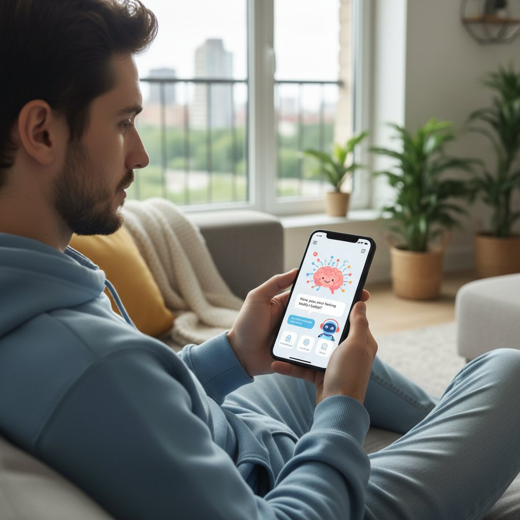 Zdjęcie osoby korzystającej z aplikacji zdrowotnej na smartfonie, ilustrujące nowoczesne wsparcie AI