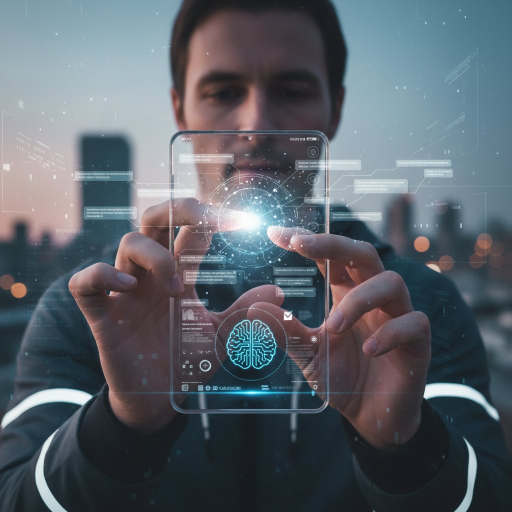 Osoba korzystająca z aplikacji AI filtrującej wiadomości na smartfonie – selekcja informacji