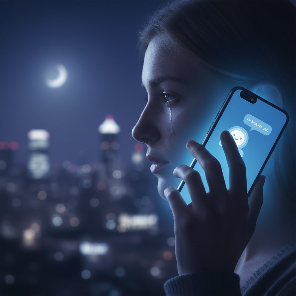 Osoba rozmawiająca z asystentem AI na smartfonie, wieczór, atmosfera wsparcia