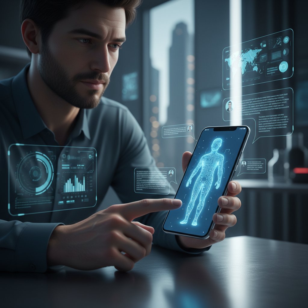 Osoba rozmawiająca na smartfonie z AI asystentem, nowoczesne technologie rozmowy online