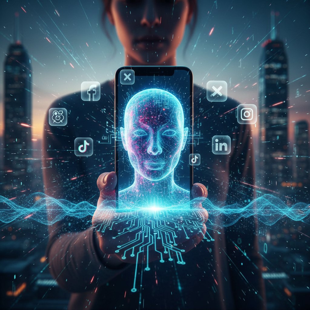 Symbolbild für Wandel: Person mit Handy, im Bildschirm spiegelt sich ein KI-Avatar, Hintergrund mit Social-Media-Icons
