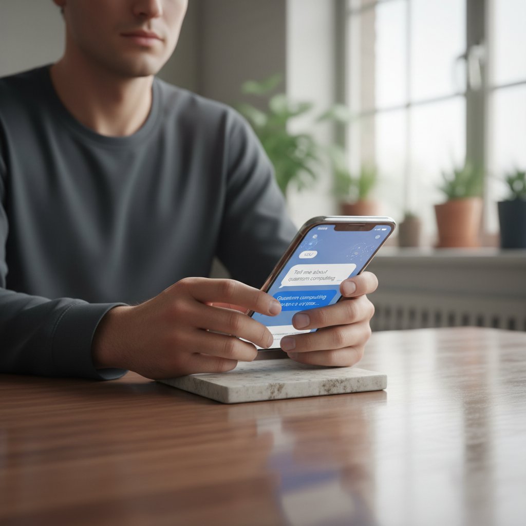 Osoba rozmawiająca z AI na smartfonie, wyraz twarzy neutralny, uczucie powierzchowności