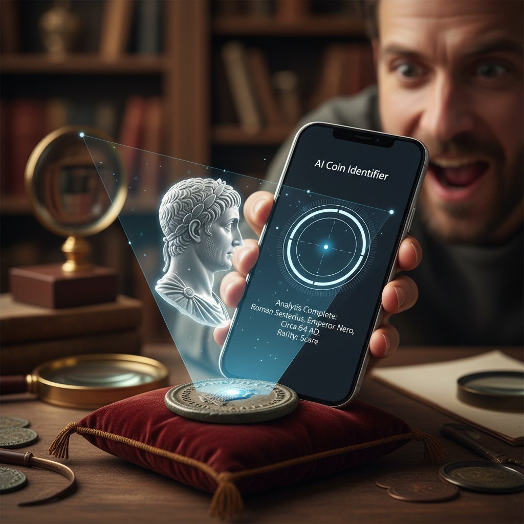 Osoba używająca smartfona do automatycznej identyfikacji monety przez AI