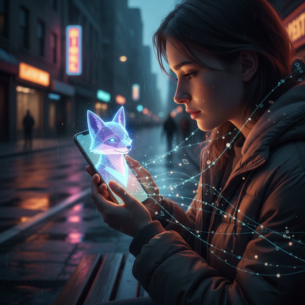 Person am Smartphone, KI-Begleiterin erscheint auf Screen, emotionale Nähe spürbar