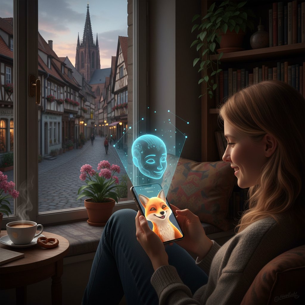 Person tippt auf Smartphone, KI-Begleiterin erscheint auf Display, intime Szene, Deutschland – virtuelle Partnerschaft