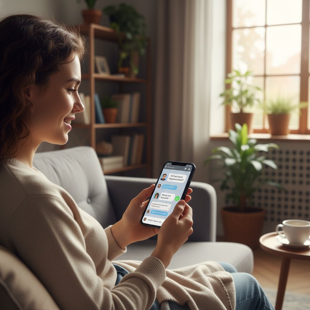 Osoba ćwicząca rozmowę na smartfonie z wirtualnym AI, swobodna atmosfera, technologia wspomagająca rozwój umiejętności społecznych