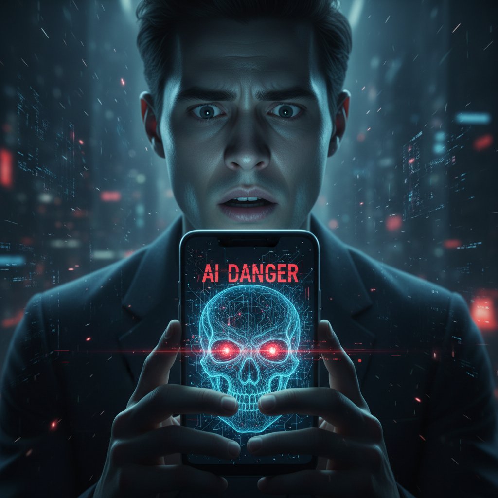Osoba wpatrzona w ekran smartfona, zaniepokojona, symbolizująca zagrożenia AI
