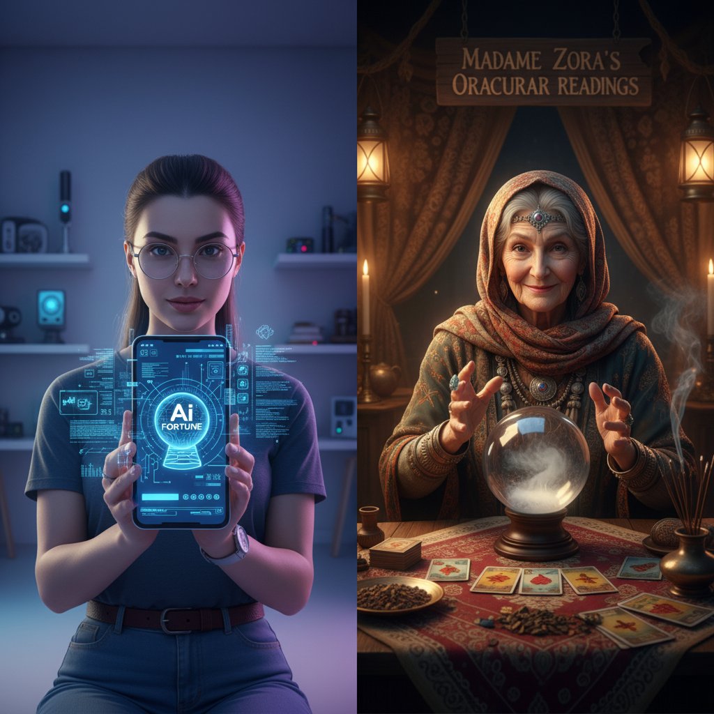 Osoba rozmawiająca z AI wróżką na smartfonie, porównanie z tradycyjną wróżką w tle