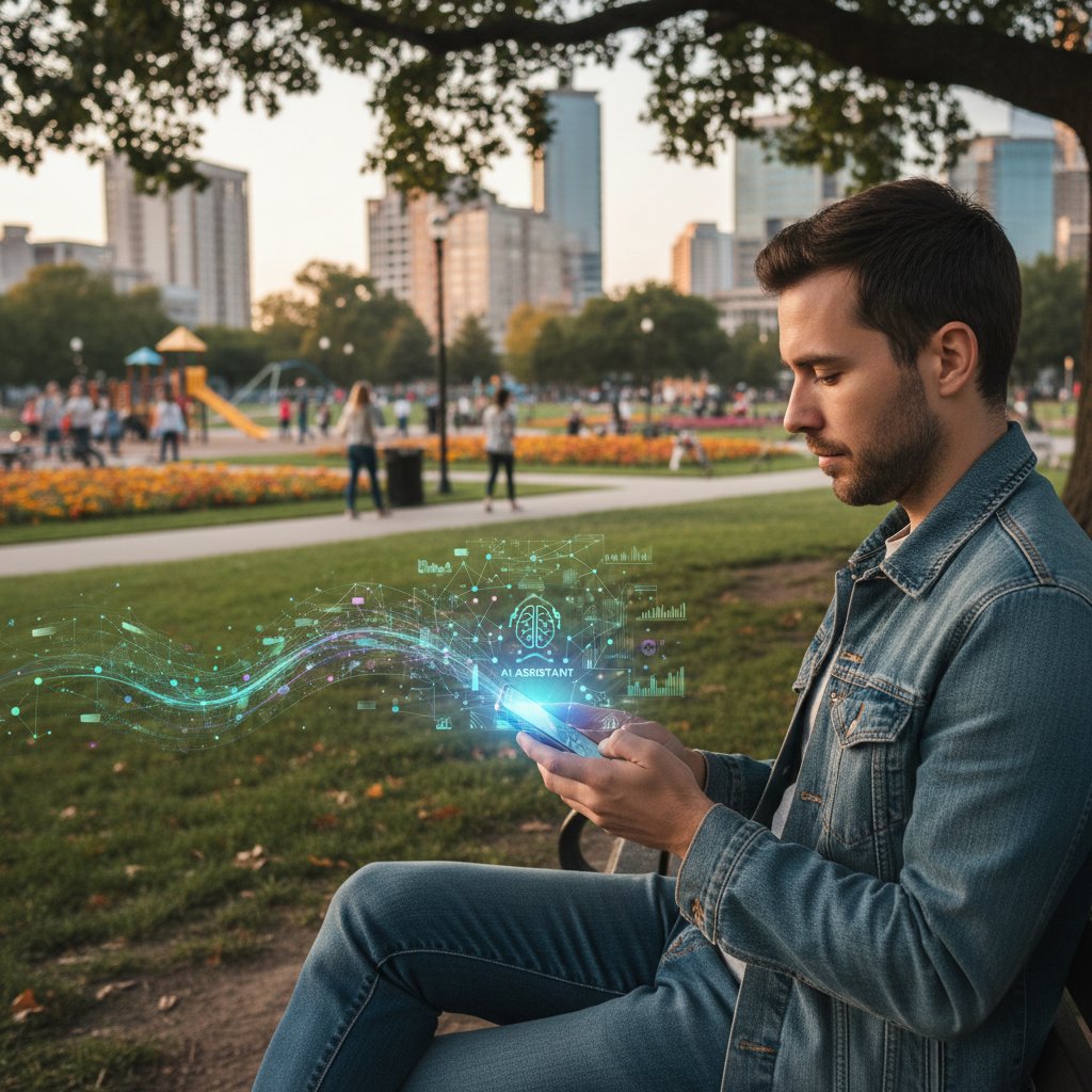 Osoba korzystająca ze smartfona w parku, na ekranie aplikacja AI do wsparcia emocjonalnego