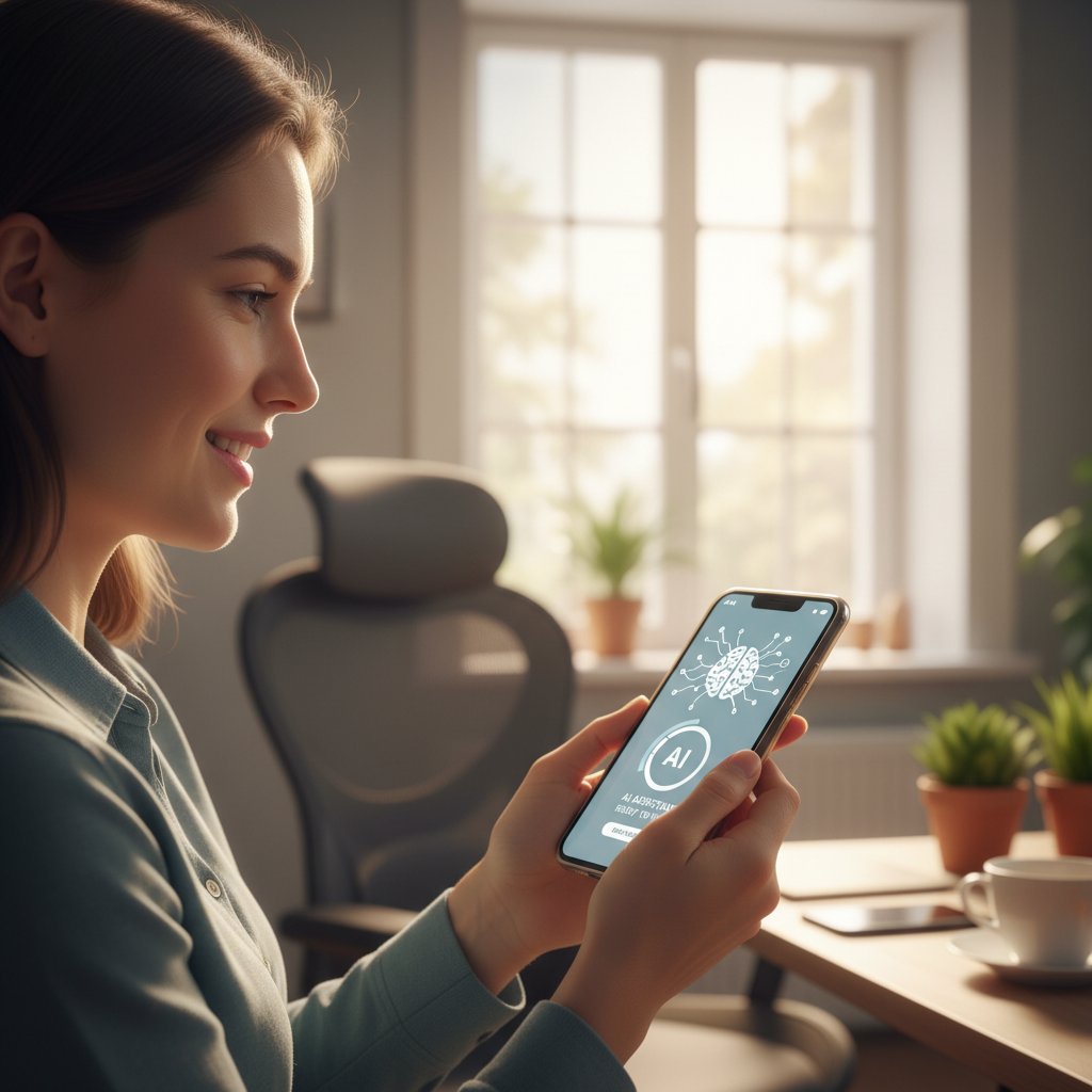 Osoba rozmawiająca z AI na smartfonie, otoczona cyfrową aurą wsparcia, atmosfera zaufania