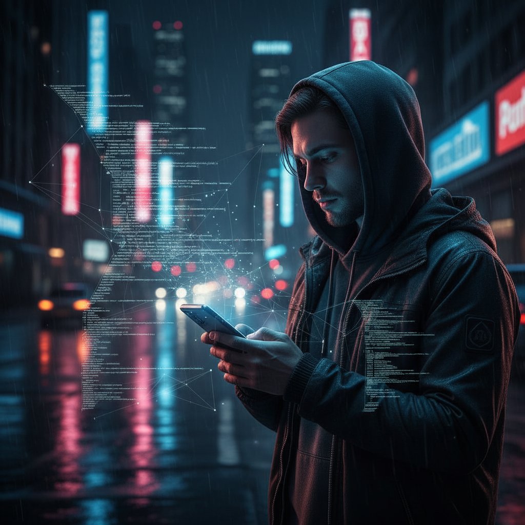 Zdjęcie osoby przeglądającej smartfon z wyraźnie widocznym algorytmem na ekranie