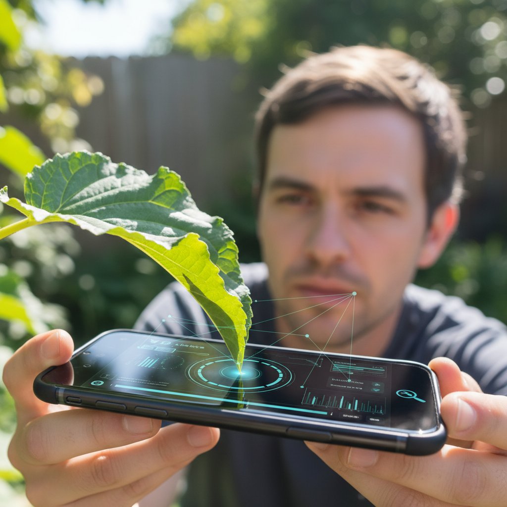Schematyczne zdjęcie osoby pracującej ze smartfonem przy analizie liści – jak działa AI w rozpoznawaniu szkodników