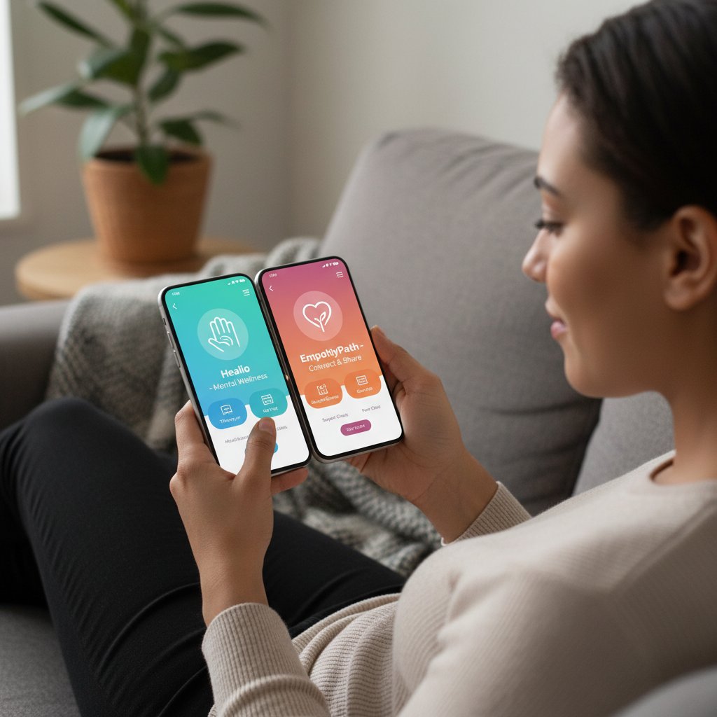 Osoba przeglądająca na smartfonie porównanie aplikacji do wsparcia emocjonalnego