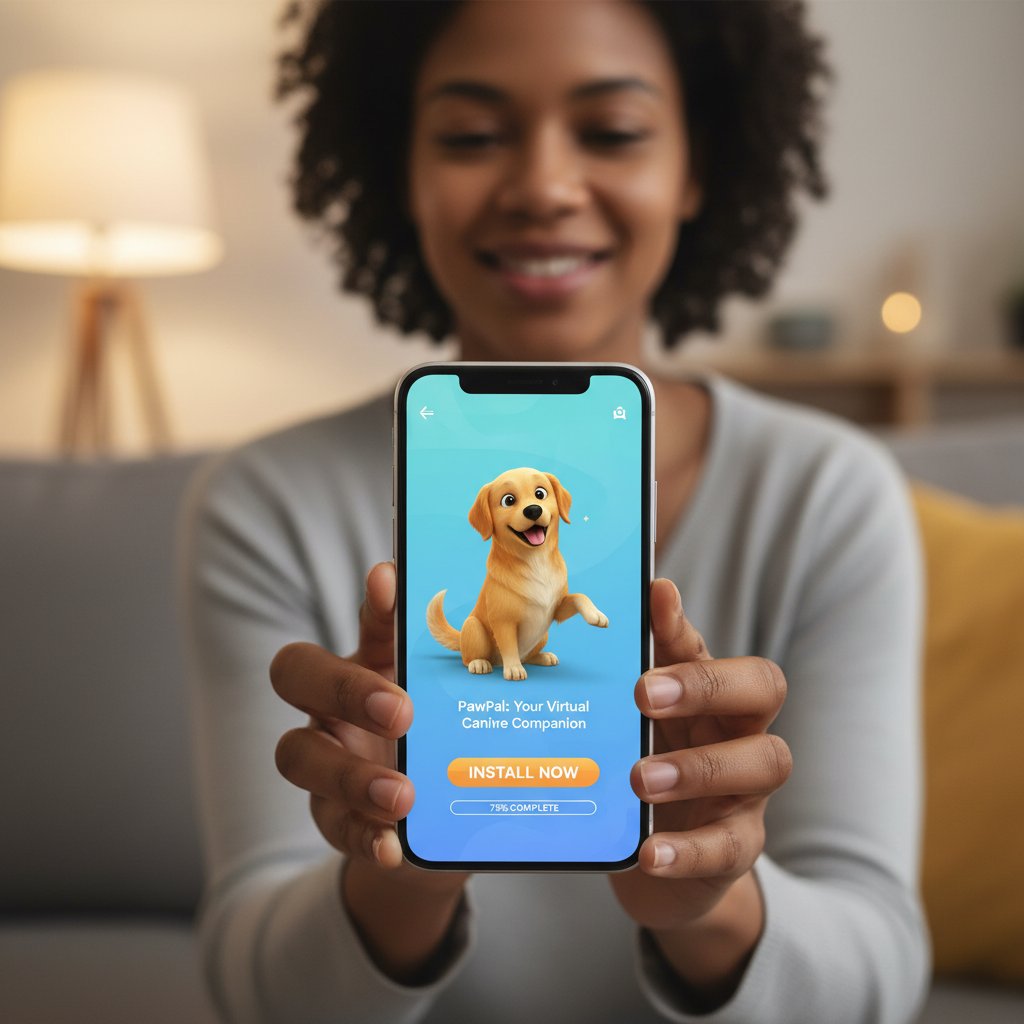 Osoba pobierająca aplikację piesek.ai i konfigurująca wirtualnego psa na smartfonie