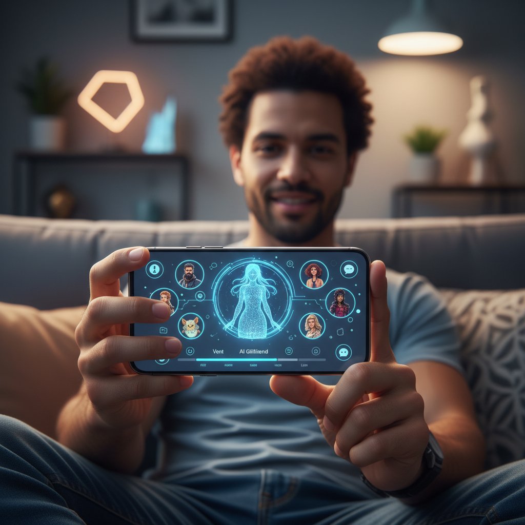 Person betrachtet mehrere Smartphone-Screens mit unterschiedlichen KI-Freundin-Apps, verschiedene Avatare sichtbar