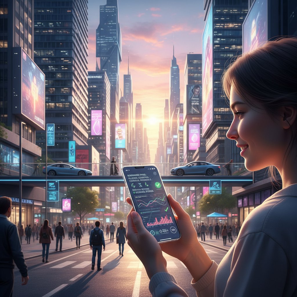 Osoba trzymająca smartfon z wynikami biomarkerów na tle miasta, biomarkery technologia codzienność