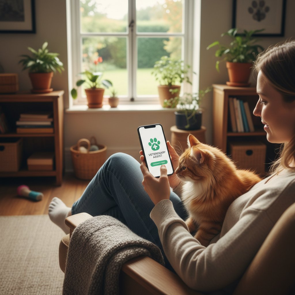 Osoba korzystająca ze smartfona z aplikacją weterynaryjną, kot na kolanach, domowy klimat