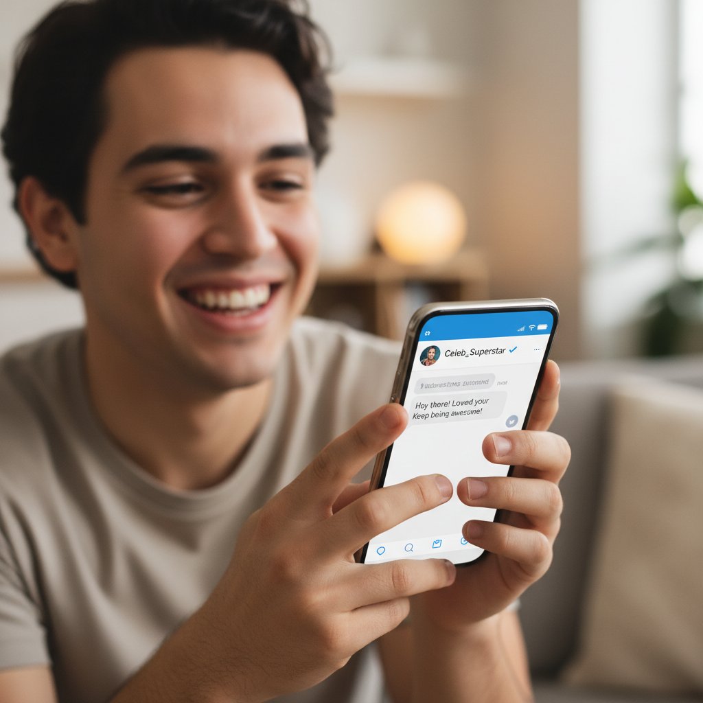 Osoba trzymająca telefon z wyświetlonym DM od celebryty, wyraz szczęścia i satysfakcji na twarzy