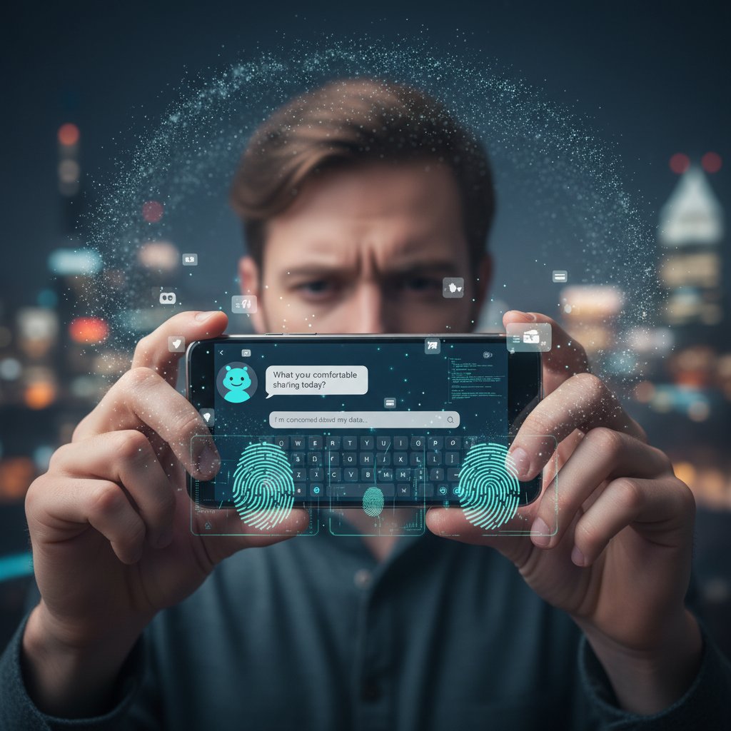 Osoba korzystająca z chatbota na smartfonie, symboliczne cyfrowe ślady wokół ekranu