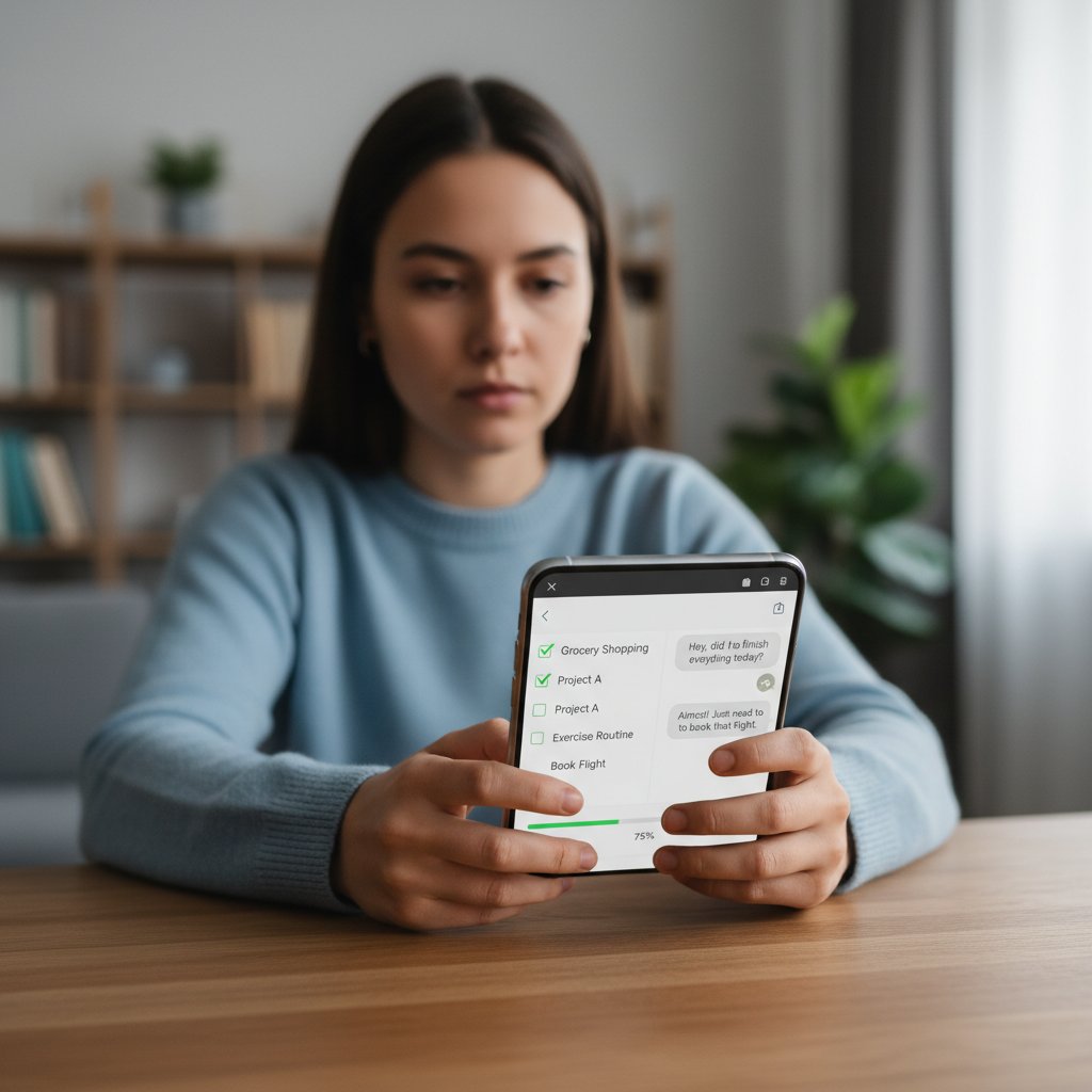 Osoba wykonująca checklistę na ekranie smartfona, symbolizująca przygotowanie do rozmowy online