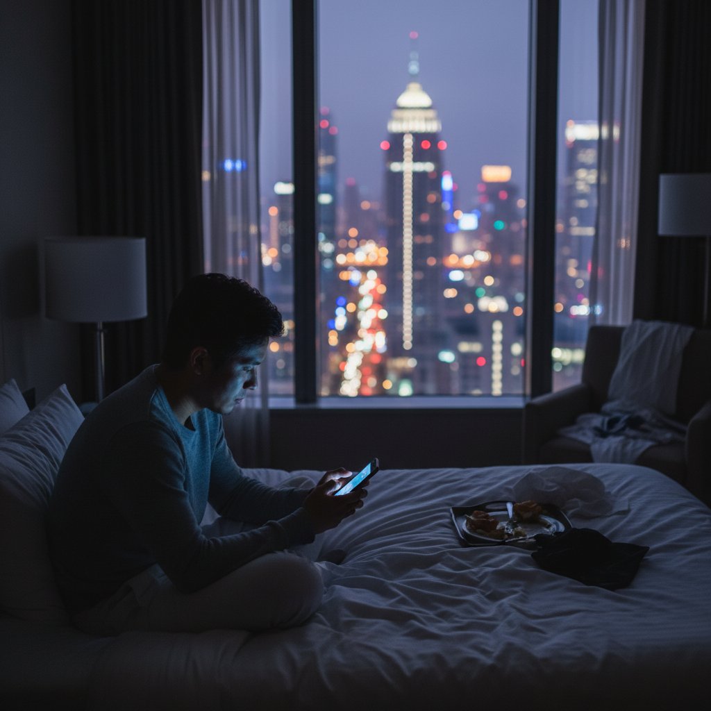 Person with smartphone in dark hotel room, city lights, symbolizing digital alienation in movie lost in translation cinema