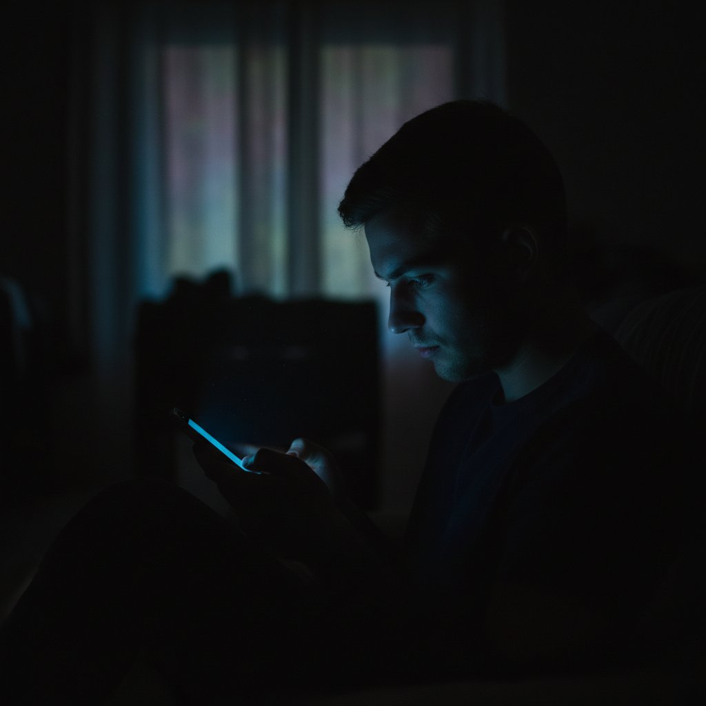 Osoba patrząca w ekran smartfona w ciemnym pokoju, światło ekranu dominuje nad otoczeniem – symbol uzależnienia od technologii