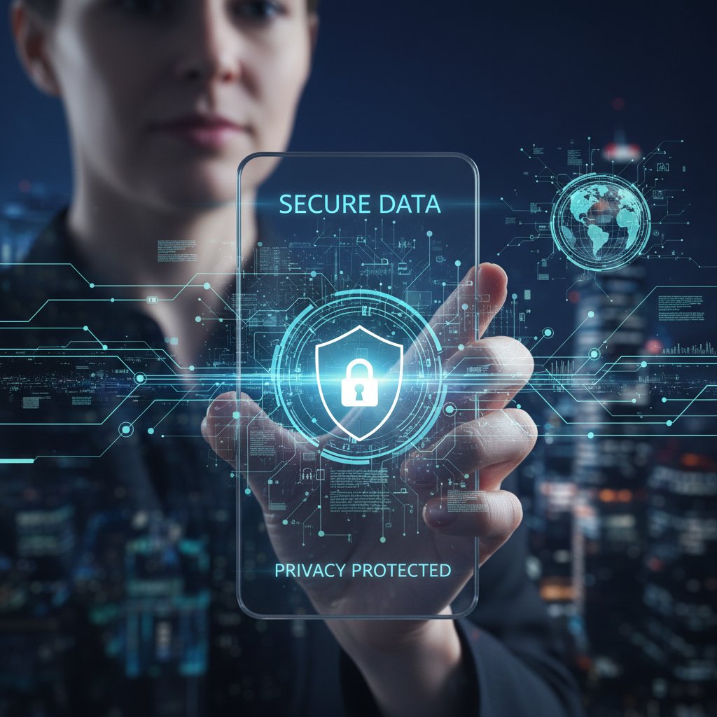 Osoba trzymająca smartfona z informacją o bezpieczeństwie danych w AI