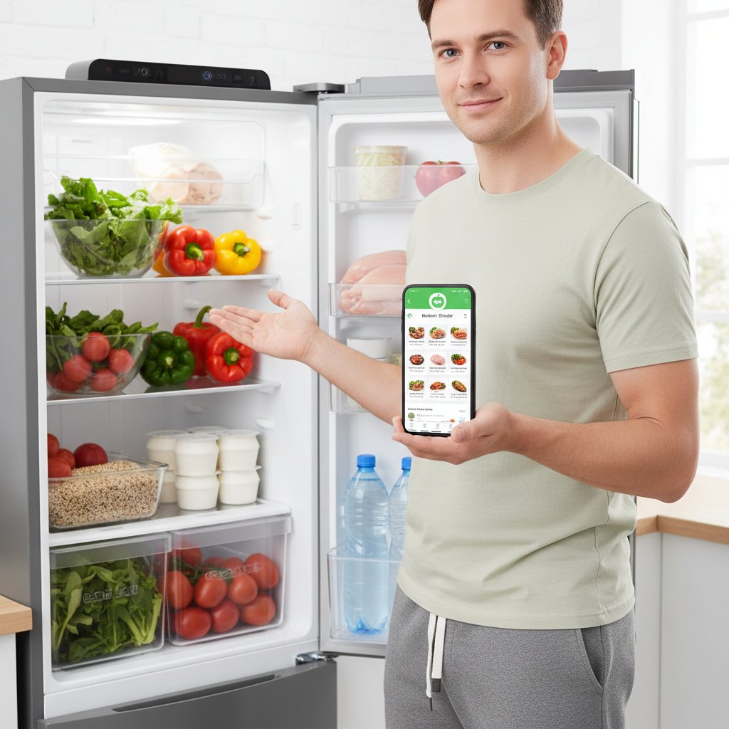Zdjęcie młodej osoby korzystającej z aplikacji dietetycznej na smartfonie, przed lodówką pełną zdrowego jedzenia