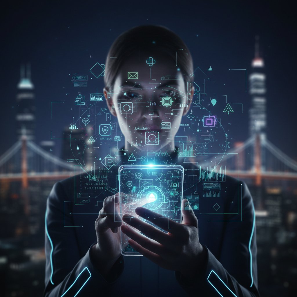 Osoba z telefonem i cyfrowymi symbolami – nowoczesna różdżka, ciemne tło, światło ekranu