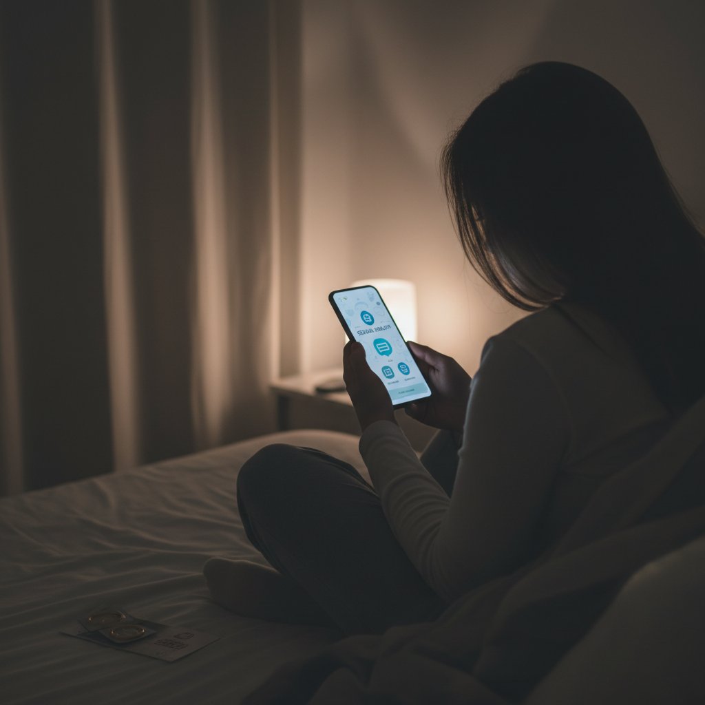 Osoba wpatrzona w ekran smartfona w półmroku, symbolizująca korzystanie z inteligentnego asystenta zdrowotnego