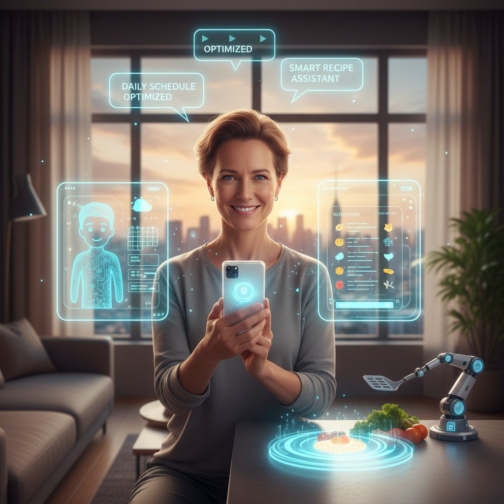 Osoba korzystająca z AI przez smartfona, pozytywna scena w domowym zaciszu, symbol codziennego zastosowania wsparcia online