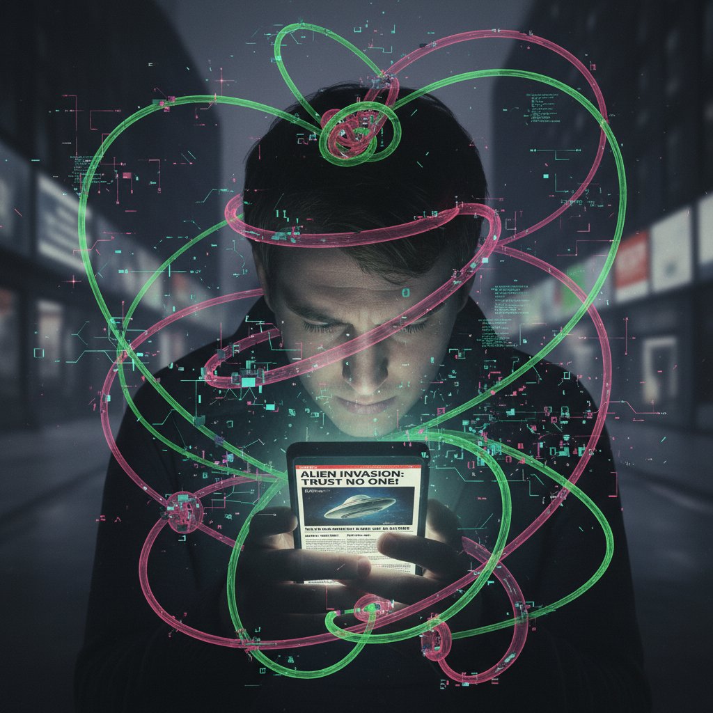 Osoba przeglądająca fałszywe wiadomości na smartfonie, w tle wyświetlają się algorytmiczne linie kodu